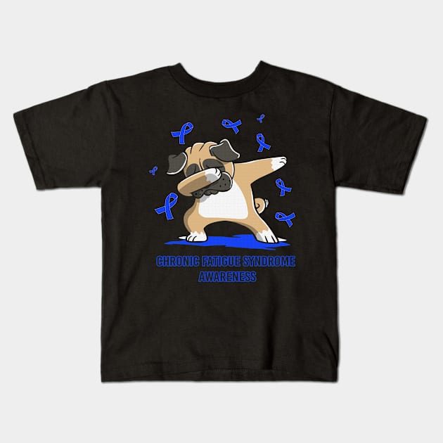 Dabbing Pug Cute Funny Dog Dab Love Hope Faith Believe Support Chronic Fatigue Syndrome Awareness Blue Ribbon Warrior Kids T-Shirt by celsaclaudio506